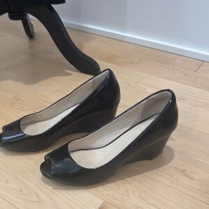 Cole Haan Black Patent Peep Toe Wedge Heels